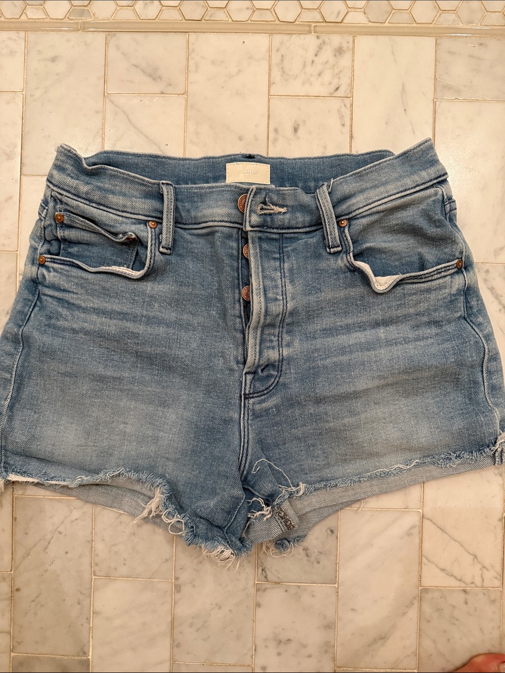 MOTHER Light Blue High-Rise Distressed Denim Shorts
